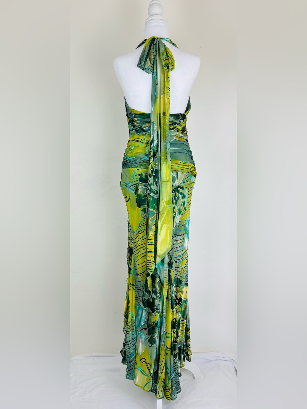 Vintage Artwear Silk Blend Burnout Velvet Beaded Halter Maxi Gown Green Abstract - Picture 10 of 14